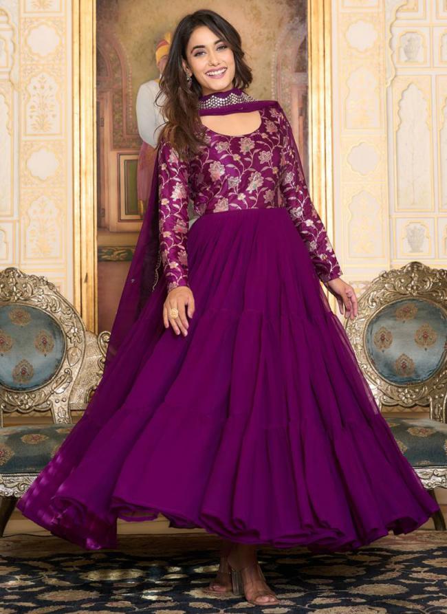 Georgette Purple Party Wear Embroidery Work Readymade Gown With Dupatta